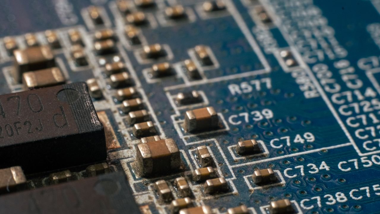 Close view of an assembled blue printed circuit board